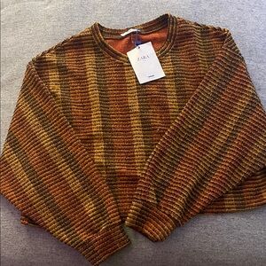 Zara Women's Sparkling Ribbed Striped Sweater - Brown and Orange